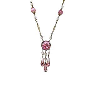 Vintage Pink Foil Glass and Brass Deco Dangle Necklace (A8138)